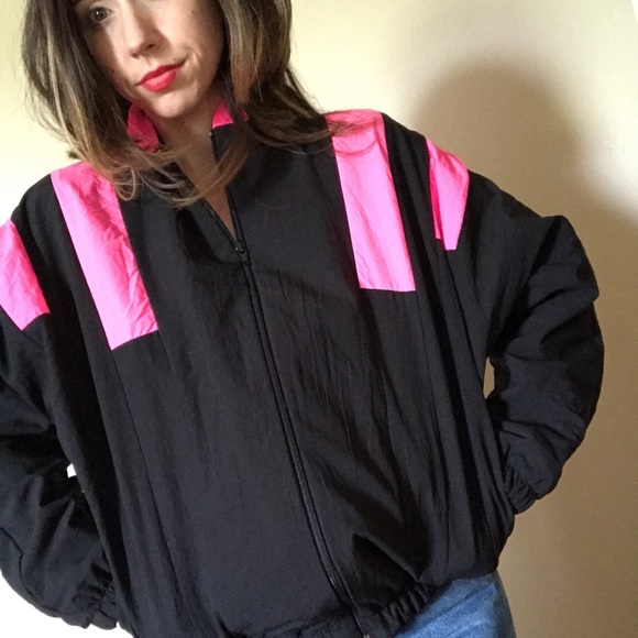 Vintage Jackets & Blazers - VTG 90s Neon Pink Black Puffy Windbreaker Jacket
